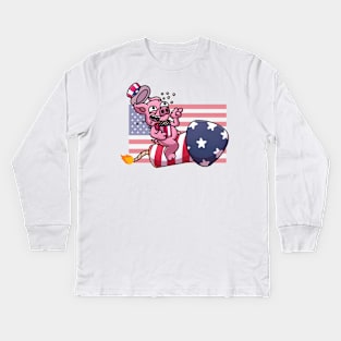 Pig On Firework Eating Popcorn Kids Long Sleeve T-Shirt